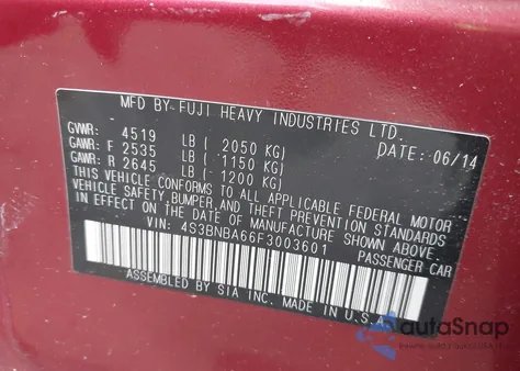 2015 Subaru Legacy 2.5I from USA, damaged, VIN 4S3BNBA66F3003601